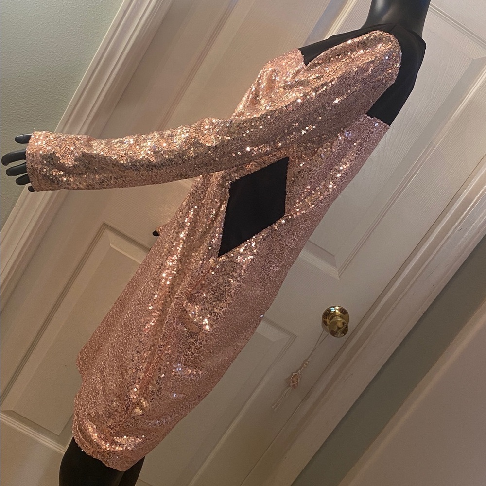 New York & Company Sequin Long Sleeve Dress - Pink and Black - Picture 5 of 12
